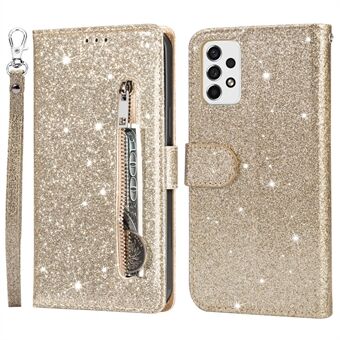 För Samsung Galaxy A53 5G Glitter Paljetter PU Läder + TPU Full Protection Stand Plånboksfodral med dragkedja och handrem