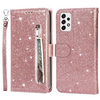 För Samsung Galaxy A53 5G Glitter Paljetter PU Läder + TPU Full Protection Stand Plånboksfodral med blixtlåsficka och handrem