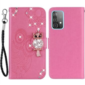 För Samsung Galaxy A53 5G PU Läder Magnetlås Fodral Rhinestone Dekor Stand Owl Flower Imprinted Shell Cover med rem