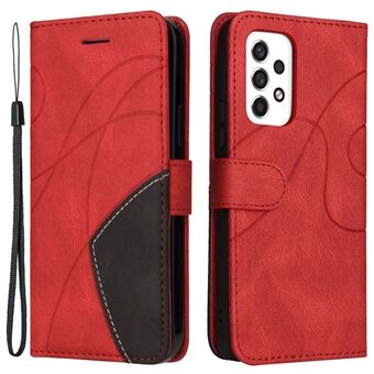 KT Leather Series-1 Dubbelfärgad Splicing PU Läder Skyddsfodral Stand Mobiltelefonfodral med handrem för Samsung Galaxy A53 5G