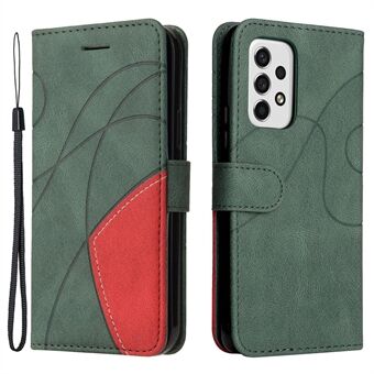 KT Leather Series-1 Dubbelfärgad Splicing PU Läder Skyddsfodral Stand Mobiltelefonfodral med handrem för Samsung Galaxy A53 5G