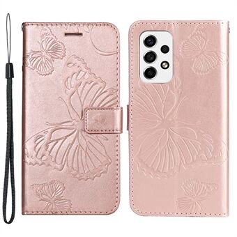 KT Imprinting Flower Series-2 Imprinted Butterfly PU-läderfodral Folio Flip Wallet Stand Telefonfodral med handledsrem för Samsung Galaxy A53 5G