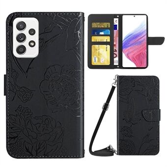 För Samsung Galaxy A53 5G Butterfly Flowers Imprinting PU Leather Phone Shell, Pattern Imprinting Design Handsfree Stand Plånboksfodral med axelrem