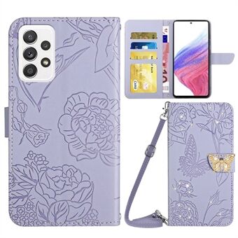 För Samsung Galaxy A53 5G Stötsäkert telefonfodral Butterfly Flowers Imprinted Rhinestone Decor Telefonplånboksfodral Stand med axelrem