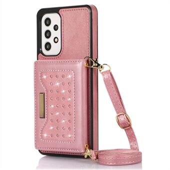 För Samsung Galaxy A53 5G Rhinestone Decor Tri-fold plånbok Kickstand PU-läderbelagt TPU-fodral RFID-blockerande telefonfodral med axelrem