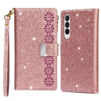 För Samsung Galaxy Z Fold4 5G Style Bling Star Laser Hantverk Telefonskydd Väska Dragkedja Stand Antislitage Lädertelefonfodral med rem