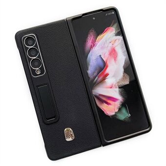 För Samsung Galaxy Z Fold4 5G Litchi Texture Telefonfodral Kickstand äkta läderbelagt PC-fodral