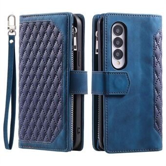 För Samsung Galaxy Z Fold4 5G Style-005 Tryckt Rhombus Mönster PU Läder Telefonfodral Magnetisk stängning Dragkedja Stand Flip Cover med handrem