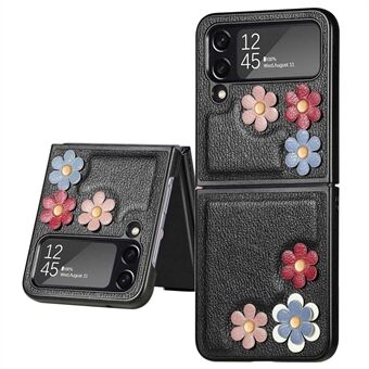 För Samsung Galaxy Z Flip4 5G Flower Decor Telefonfodral, PU Läderbeläggning PC Skyddsfodral