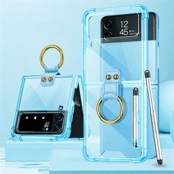 GKK för Samsung Galaxy Z Flip4 5G Finger Ring Design Airbag Anti-fall TPU Transparent telefonfodral med Stylus Penna