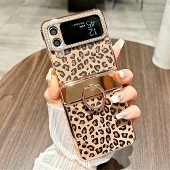 För Samsung Galaxy Z Flip4 5G Skal Leopardmönster Ringhållare Rhinestone Hårt PC Telefonfodral