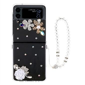 För Samsung Galaxy Z Flip4 5G White Camellia Rhinestone Design Glitter Glittrande skal Hårt PC Anti- Scratch telefonfodral med armbandsrem