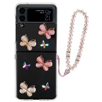 För Samsung Galaxy Z Flip4 5G Butterflies Rhinestone Shiny Back Case Stötsäkert Hårt PC-vikbart telefonskal med armbandsrem