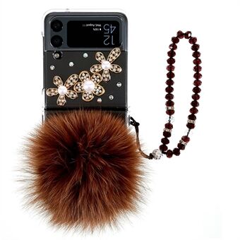 För Samsung Galaxy Z Flip4 5G Rhinestone Decor Fluffy Coffee Ball Telefonfodral Hårt PC Drop Protection Bakstycke med armbandsrem