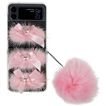 För Samsung Galaxy Z Flip4 5G Rhinestone Decor Fluffig mjuk päls telefonfodral Hårt PC Stötsäkert skyddsfodral med plysch kulrem