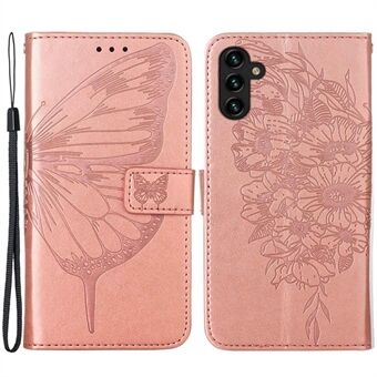 YB Imprinting Series-4 för Samsung Galaxy A14 5G PU Läder Full Skydd Telefonfodral Butterfly Flower Imprinted Flip Stand Plånboksfodral med rem