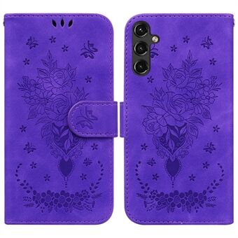 För Samsung Galaxy A14 5G PU Läderplånbok Telefonfodral Rose Butterfly Imprinted Magnetic Closure Stand Folio Cover med rem