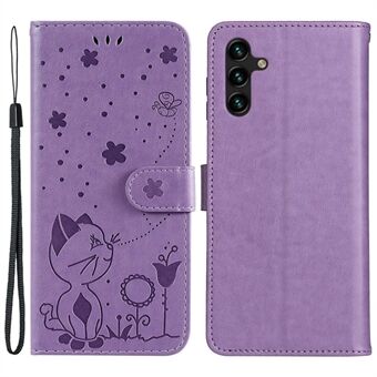 För Samsung Galaxy A14 5G KT Imprinting Flower Series-4 Stötsäkert telefonfodral Märkt katt- och bimönster PU-läder Flip-plånboksfodral Stand med rem