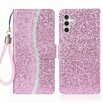 För Samsung Galaxy A14 5G telefonfodral Glittrigt pulver PU-läder hopfällbart Stand Plånboksstil Flip Shell med handledsrem