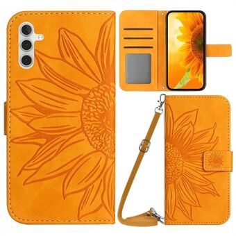 För Samsung Galaxy A14 5G HT04 Imprinted Sunflower PU Stand Skin-Touch Magnetlås Telefonplånboksfodral med axelrem