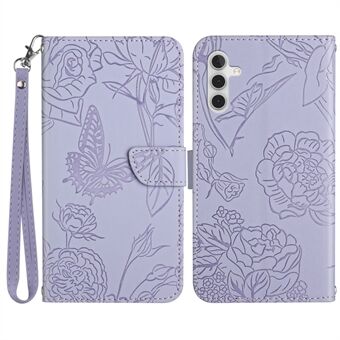 För Samsung Galaxy A14 5G HT03 Imprinted Butterfly Flowers Plånbok Telefonfodral Skin-touch PU Läder Magnetisk stängning Handväska Flip Stand Fodral med rem