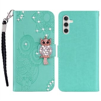 För Samsung Galaxy A14 5G Rhinestone Dekor Scratch telefonfodral Imprinting Owl Flower Mönster Stand Plånbok Läderfodral