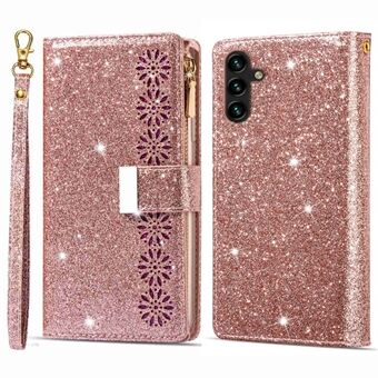 För Samsung Galaxy A14 5G PU Läder Telefonfodral Dragkedja Stand Laser Carving Glittrande Starry Style Korthållare Skyddstelefonfodral med rem