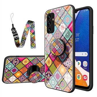 För Samsung Galaxy A14 5G Flower Pattern Design Telefonfodral PC + TPU + Härdat glas Stötsäkert skydd Stödskydd med rem