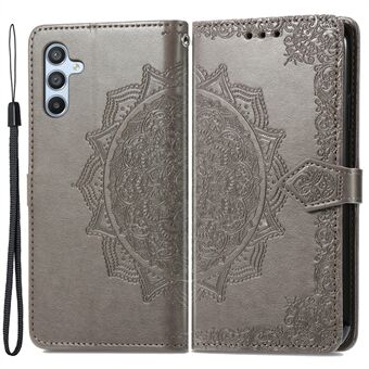 För Samsung Galaxy A14 5G / A14 4G Präglat Mandala Mönster Telefonfodral Stand helt inslaget PU-läderplånboksfodral med rem