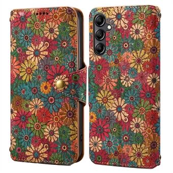 För Samsung Galaxy A14 4G / 5G-fodral med blommor, tryck, horisontellt ställ med PU-läderhölje.