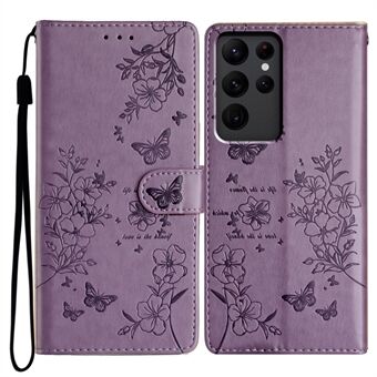 För Samsung Galaxy S23 Ultra Plånboksfodral Fjäril Blommönster Läderfodral