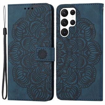 För Samsung Galaxy S23 Ultra PU Läder Mjuk TPU Folio Flip Cover Imprinted Mandala Flower Wallet Telefonfodral med rem