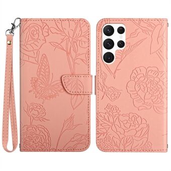 Skin-touch PU-lädertelefonfodral för Samsung Galaxy S23 Ultra, HT03 tryckta fjärilsblommor Magnetisk Stand Stötsäkert fliptelefonfodral med rem