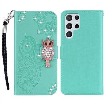 För Samsung Galaxy S23 Ultra Fall Proof Rhinestone Decor Phone Cover, Imprinting Owl Flower Mönster Stand Plånbok Läderfodral