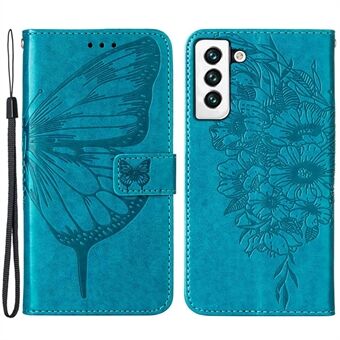 YB Imprinting Series-4 för Samsung Galaxy S23 Butterfly Flower Imprinted PU-läder Stötsäkert fodral Vikbart Stand plånboksfodral med rem