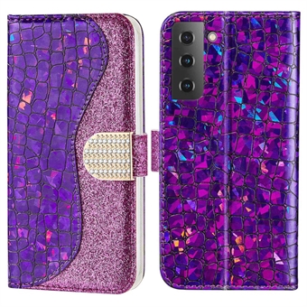 För Samsung Galaxy S23 Krokodilstruktur Glittrande Glittersammansatt Telefonfodral PU Läder Stöttåligt Vikbart Stativ Plånboksfodral