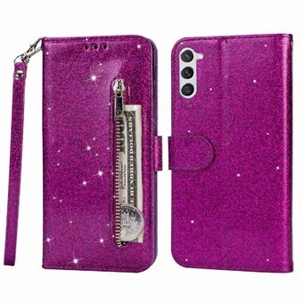 För Samsung Galaxy S23 Blixtlåsficka Glittrigt PU-läder Anti-dropp telefonfodral Flip Wallet Stand Full Protection Telefonskydd