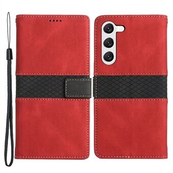 För Samsung Galaxy S23 Grid Splicing PU Läder Folio Stand Cover Magnetic Flip Wallet Telefonfodral med rem