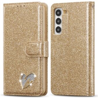 För Samsung Galaxy S23+ Glitter Läderfodral med Diamant Kärlekshjärta Plånboksställ Flipfodral