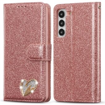 För Samsung Galaxy S23+ Glittrigt Läderskal med Diamant Kärlekshjärta Plånboksställ Fodral med Vikbart Lock