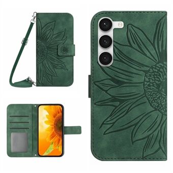 För Samsung Galaxy S23+ HT04 Imprinted Sunflower PU-läderfodral Stand Skin-Touch telefonfodral med axelrem