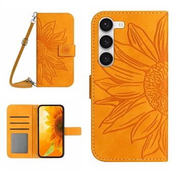 För Samsung Galaxy S23 Plus HT04 Imprinted Sunflower PU-läderfodral Stand Skin-Touch telefonfodral med axelrem