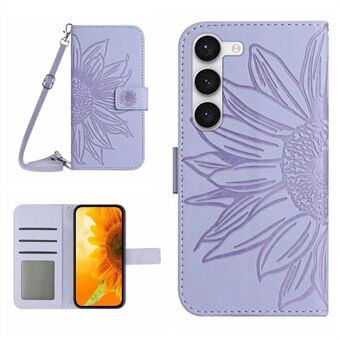 För Samsung Galaxy S23+ HT04 Imprinted Sunflower PU-läderfodral Stand Skin-Touch telefonfodral med axelrem