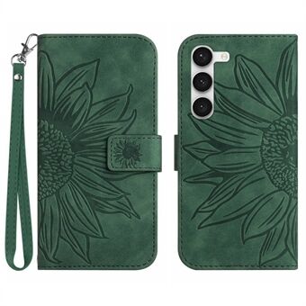 För Samsung Galaxy S23+ HT04 Flip Plånboksfodral Skin-Touch Imprinted Sunflower Scratch telefonfodral Stand med handrem