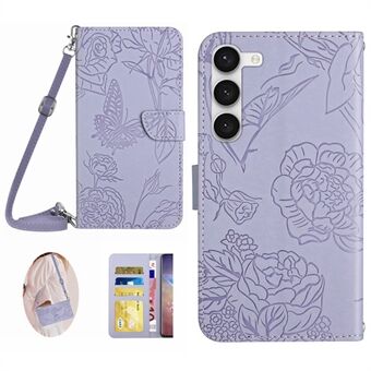 För Samsung Galaxy S23+ HT03 Skin-touch PU Läder Plånbok Telefonfodral Butterfly Flowers Imprinted Stand Magnetisk Folio Cover med axelrem