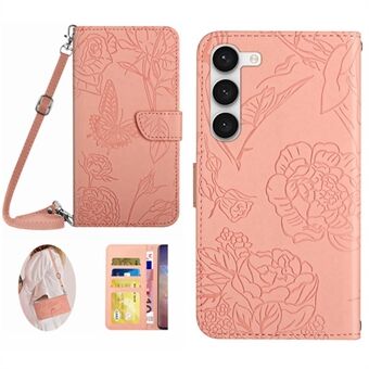 För Samsung Galaxy S23+ HT03 Skin-touch PU-läderplånbok Telefonfodral Butterfly Flowers Imprinted Stand Magnetisk Folio Cover med axelrem