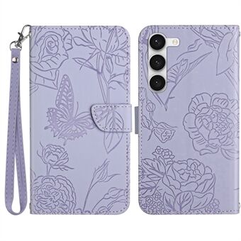 För Samsung Galaxy S23+ HT03 Plånboksfodral med tryckt fjärilsblommor Skin-touch PU-läder Magnetic Flip Stand Telefonskydd med rem