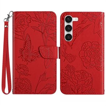 För Samsung Galaxy S23+ HT03 Plånboksfodral med tryckt fjärilsblommor Skin-touch PU-läder Magnetic Flip Stand Telefonskydd med rem