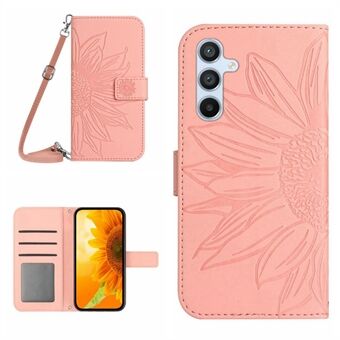 För Samsung Galaxy A54 5G HT04 Solrospräglat PU-läderplånboksfodral Stand Funktion Flip Skin-touch Skyddande telefonfodral med axelrem