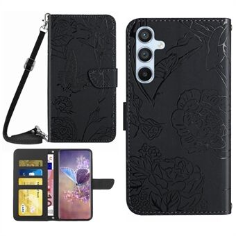 För Samsung Galaxy A54 5G HT03 Butterfly Flowers Imprinted Plånbok Telefonfodral Skin-touch PU Läder Flip Folio Stand Magnetiskt skydd med axelrem